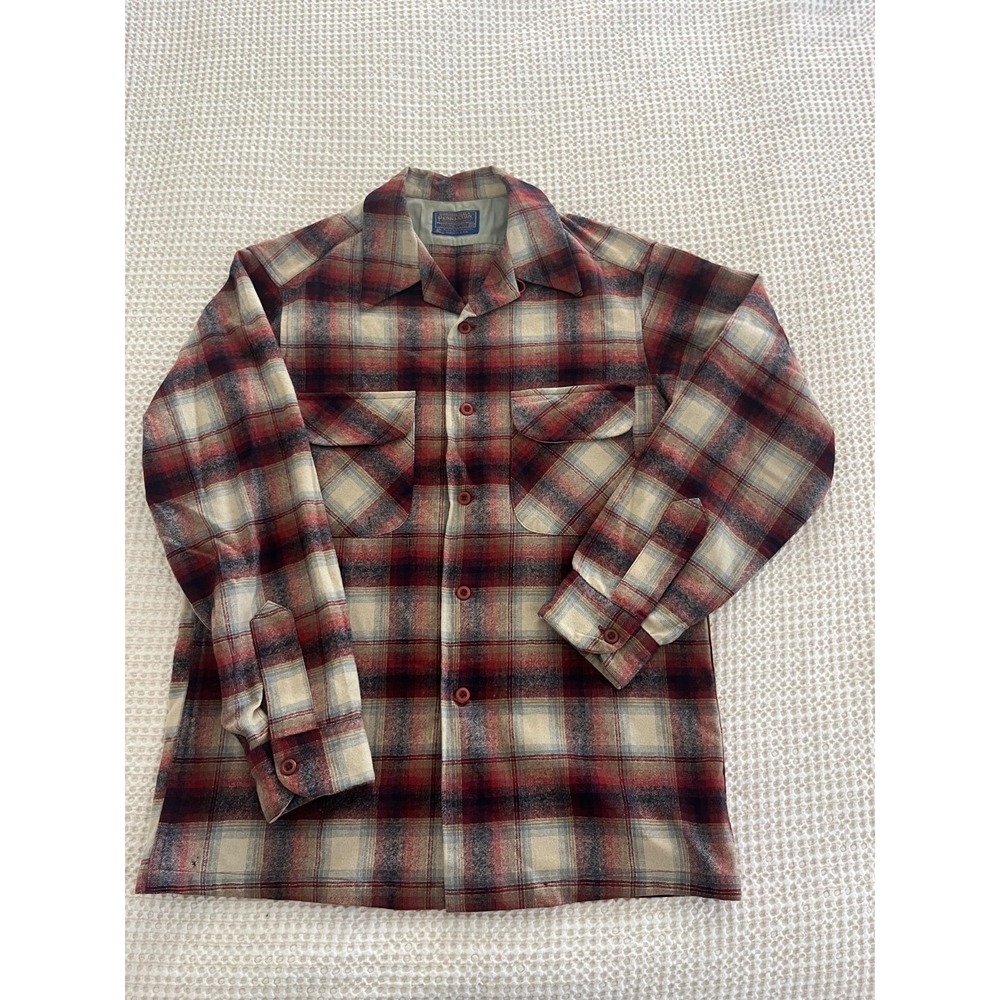 VTG 70s Pendleton Board Shirt XL Red Shadow Plaid Wool Loop Collar Flap Pocket